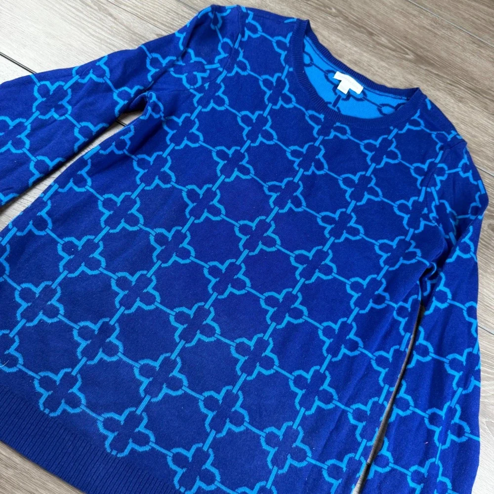 Charter Club Womens Sweater Jacquard Quatrefoil Lapis Blue L